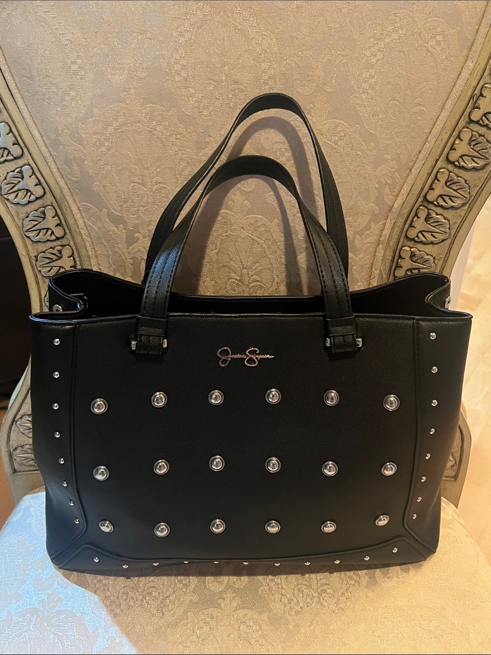 Jessica Simpson Black Studded Tote with Silver Accents